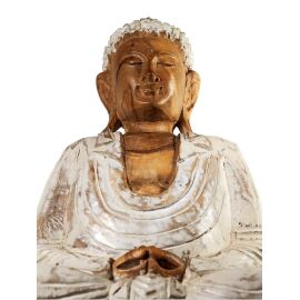 Buddha Figur aus Suar Holz mit weißem Gewand im Dhyana Mudra auf Lotus Blüte, meditierend, ca. 50 cm hoch