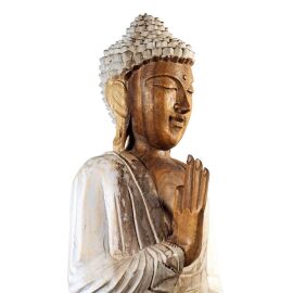 Buddha Figur aus Suar Holz mit weißem Gewand im Gyan Mudra, auf Lotus Blüte sitzend, ca. 50 cm hoch
