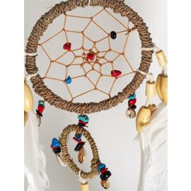 Traumfänger "Dream Catcher" naturfarben mit Muscheln, weißen Federn & bunten Steinen, ca. 30 cm lang