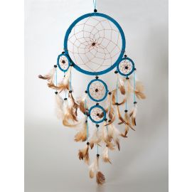 Traumfänger "Dream Catcher" türkis mit 5 Ringen, schwarzen Steinen & vielen Naturfedern, ca. 45 cm lang