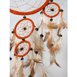 Traumfänger "Dream Catcher" orange mit 5 Ringen, schwarzen Steinen & vielen Naturfedern, ca. 45 cm lang