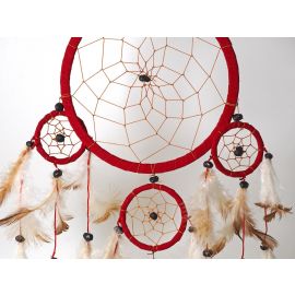 Traumfänger "Dream Catcher" rot mit 5 Ringen, schwarzen Steinen & vielen Naturfedern, ca. 45 cm lang