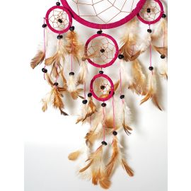 Traumfänger "Dream Catcher" pink mit 5 Ringen, schwarzen Steinen & vielen Naturfedern, ca. 45 cm lang