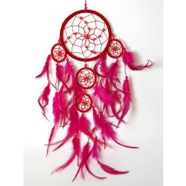 Roter Traumfänger "Dream Catcher" mit 5 Ringen, schillernden Dekoperlen & Federn, ca. 40 cm lang