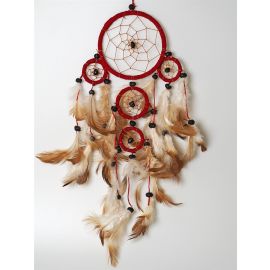 Roter Traumfänger "Dream Catcher" mit 5 Ringen, schwarzen Steinen & vielen Naturfedern, ca. 32 cm lang