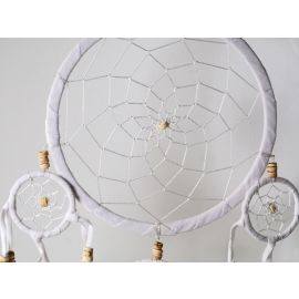 Weißer Traumfänger "Dream Catcher" mit 5 Ringen, hellen Holzringen & Federn, ca. 16x45 cm