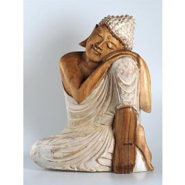 Buddha Figur aus Suar Holz mit weißem Gewand in entspannter Ruheposition, ca. 30 cm hoch