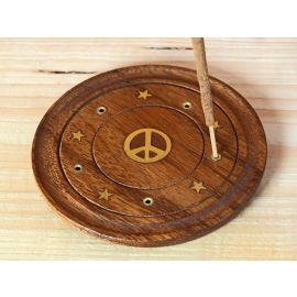 Räucherstäbchenhalter aus Holz mit Peace & Sternen; ca. 9 cm breit