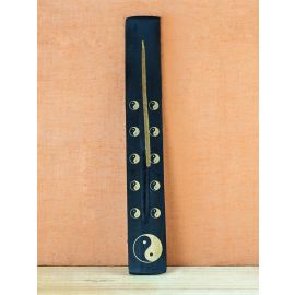 Räucherstäbchenhalter Räucherschiffchen aus Holz, schwarz mit goldfarbenem Yin & Yang; ca. 26 cm lang