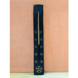 Räucherstäbchenhalter Räucherschiffchen aus Holz, schwarz mit goldfarbenem Pentagramm; ca. 26 cm lang
