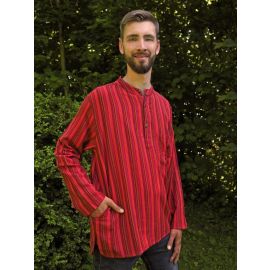 Fischerhemd mit Brusttasche mehrfarbig rot gestreift 100% Baumwolle Cotton aus Nepal S