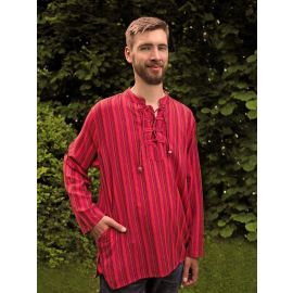 Fischerhemd zum Schnüren mehrfarbig rot gestreift 100% Baumwolle Cotton aus Nepal XL