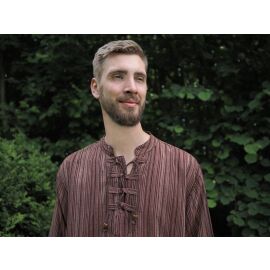 Fischerhemd zum Schnüren braun gestreift 100% Baumwolle Cotton aus Nepal S-XXXL