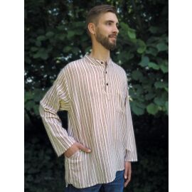 Fischerhemd mit Brusttasche weiß-beige-braun gestreift 100% Baumwolle Cotton aus Nepal S-XXXL