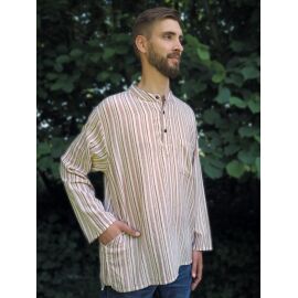 Fischerhemd mit Brusttasche weiß-beige-braun gestreift 100% Baumwolle Cotton aus Nepal L