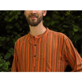 Fischerhemd mit Brusttasche mehrfarbig orange gestreift 100% Baumwolle Cotton aus Nepal S-XXXL
