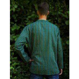 Fischerhemd mit Brusttasche mehrfarbig grün-blau gestreift 100% Baumwolle Cotton aus Nepal S-XXXL
