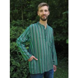 Fischerhemd mit Brusttasche mehrfarbig grün gestreift 100% Baumwolle Cotton aus Nepal S