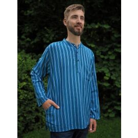 Fischerhemd mit Brusttasche mehrfarbig blau gestreift 100% Baumwolle Cotton aus Nepal L