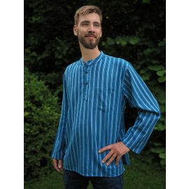 Fischerhemd mit Brusttasche mehrfarbig blau gestreift 100% Baumwolle Cotton aus Nepal XL