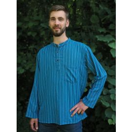 Fischerhemd mit Brusttasche mehrfarbig blau gestreift 100% Baumwolle Cotton aus Nepal XXL