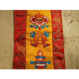 Tibetanischer Wandbehang mit 8 Glückssymbolen & Brokat | sonnengelb