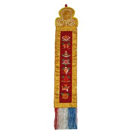 Tibetanischer Wandbehang mit 8 Glückssymbolen & Brokat | rot